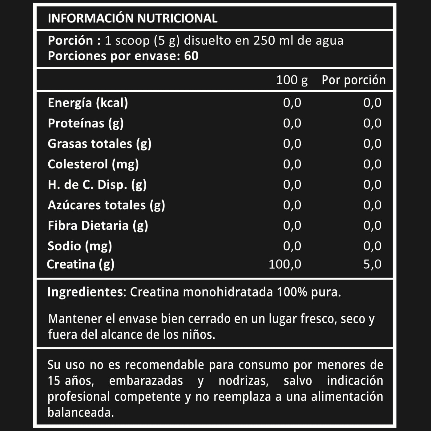 Tabla nutricional creatina monohidratada Prote&Co