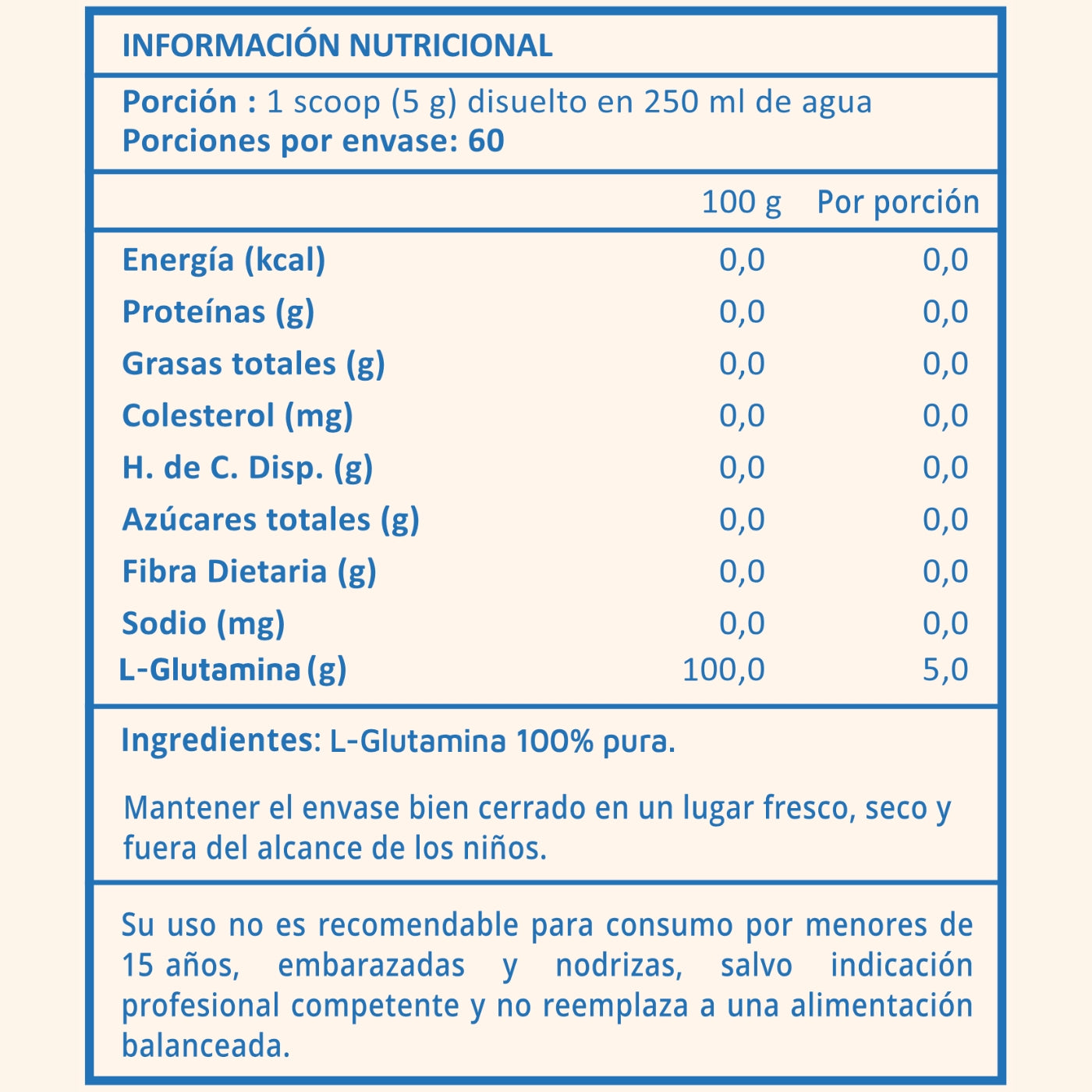 Tabla nutricional de la L-Glutamina Prote&Co. Muestra 5g de L-Glutamina pura por porción, sin calorías, carbohidratos, azúcares ni aditivos químicos.