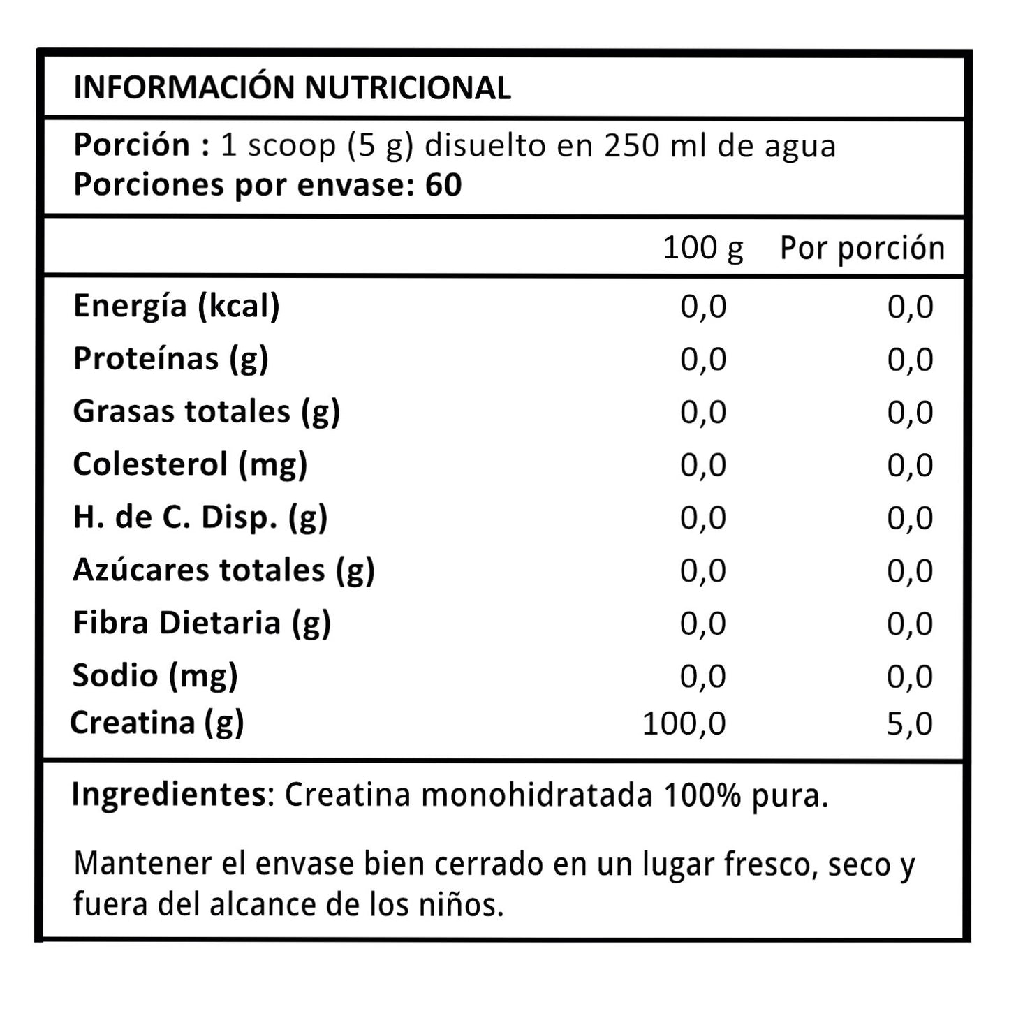 Tabla nutricional de la creatina Prote&Co demostrando 0 calorías. Ingredientes naturales sin saborizantes, sin rellenos y libre de aditivos 300 g.