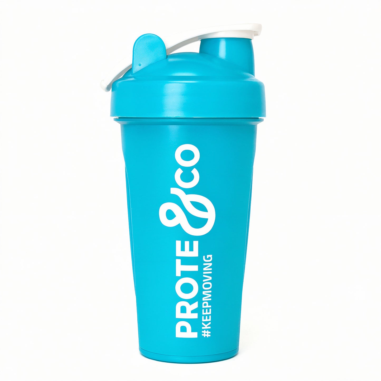 Shaker celeste Prote&Co 600ml libre de BPA con mezclador metálico para batidos
