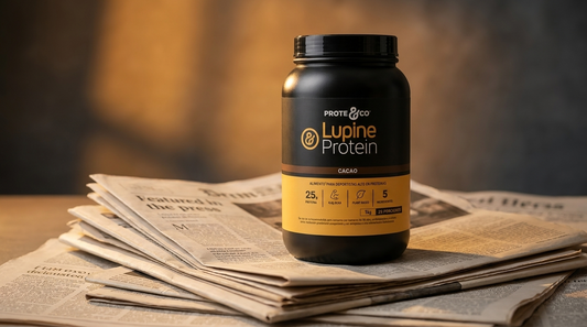 Tarro de Lupine Protein, proteína vegetal de lupino y arveja de Prote&Co, con temática editorial de reconocimiento en prensa junto a Transforma Alimentos y el estudio ODECU
