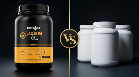 Lupine Protein de Prote&Co versus tarros genéricos de otras proteínas en polvo, diseño editorial con badge VS dorado