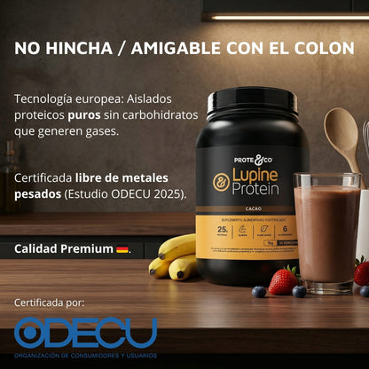 Tarro de Lupine Protein cacao junto a vaso preparado destacando fórmula pura sin carbohidratos que generen gases y amigable con el colon.