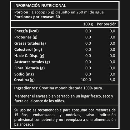 Tabla nutricional creatina monohidratada Prote&Co 