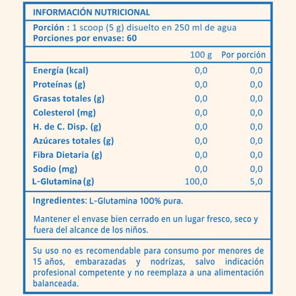 Tabla nutricional glutamina en polvo Prote&Co