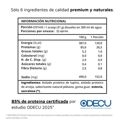 Tabla nutricional de Lupine Protein plátano 25 g por porción y certificación ODECU 2025 libre de metales pesados.