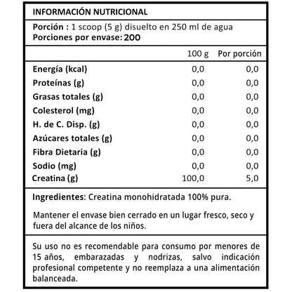 Tabla nutricional de la creatina Prote&Co demostrando 0 calorías. Ingredientes naturales sin saborizantes, sin rellenos y libre de aditivos 1 kg (Formato ahorro).