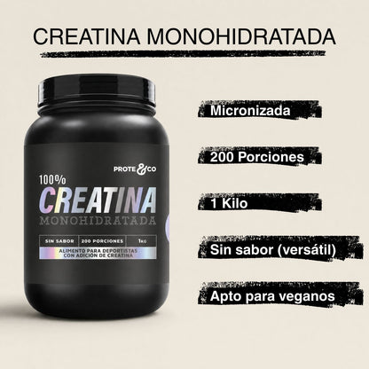 Infografía con los atributos de la Creatina Monohidrato Micronizada 1 kg (Formato ahorro) Prote&Co: 100% vegana, disolución sin grumos, alta absorción digestiva y cero calorías. 