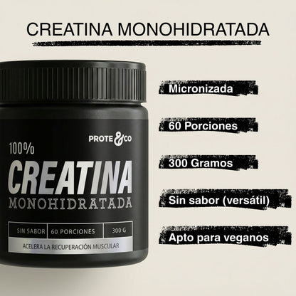 Infografía con los atributos de la Creatina Monohidrato Micronizada 300 g Prote&Co: 100% vegana, disolución sin grumos, alta absorción digestiva y cero calorías. Puede mezclarse conn proteína de cacao y plátano. 