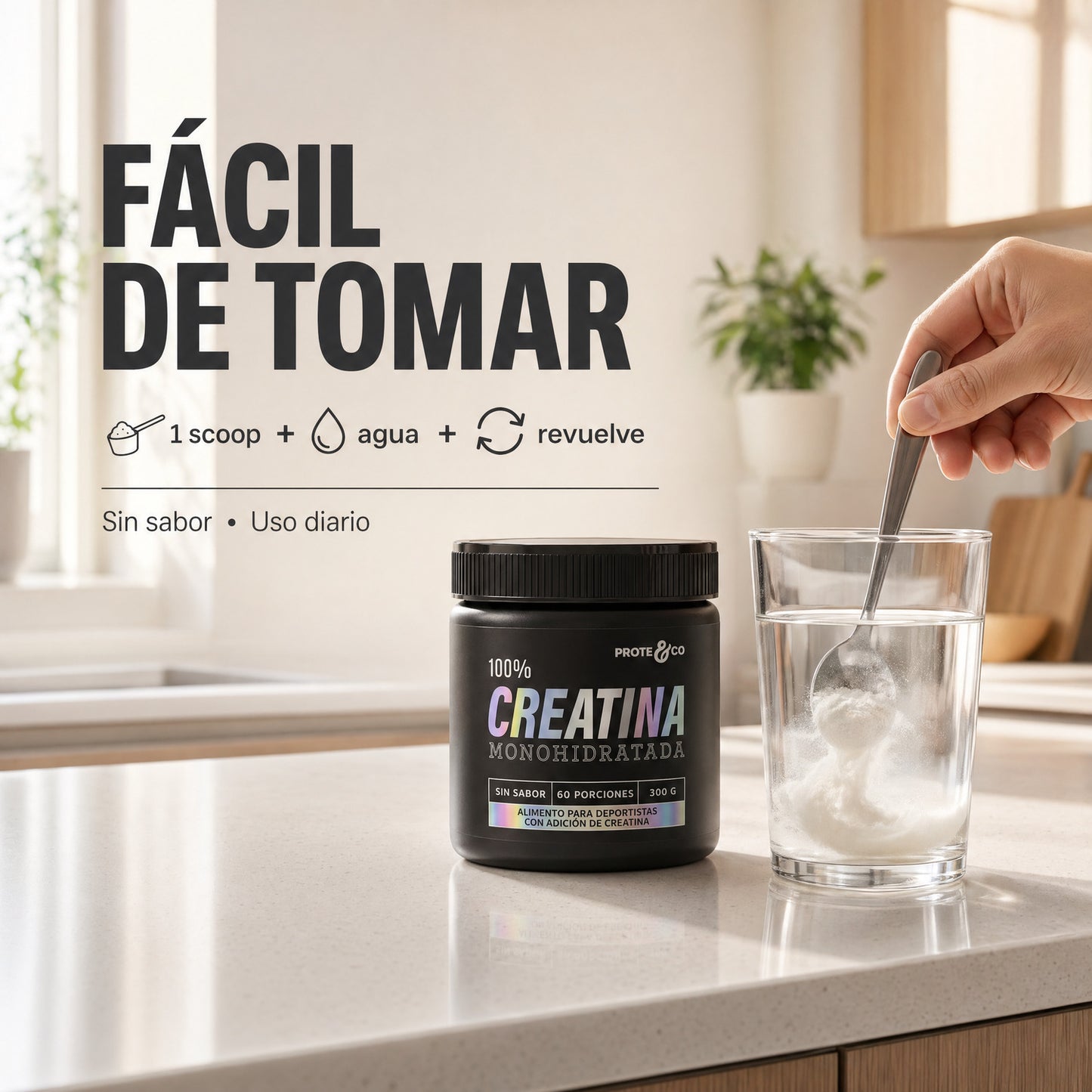 Fotografía mostrando como se consume la creatina, facilmete mezclar con agua y revolver, sin sabor y puede mezclarse con proteína de cacao y plátano. Formato de 300 g y 1 kg (Formato ahorro).