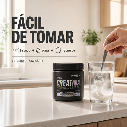 Fotografía mostrando como se consume la creatina, facilmete mezclar con agua y revolver, sin sabor y puede mezclarse con proteína de cacao y plátano. Formato de 300 g y 1 kg (Formato ahorro).