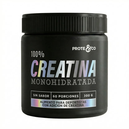 Envase de Creatina Monohidrato Micronizada 100% vegana de Prote&Co. Suplemento deportivo Clean Label de máxima pureza 300 g