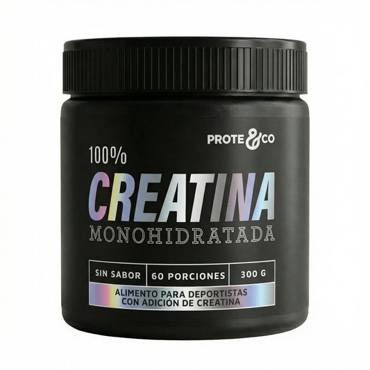 Envase de Creatina Monohidrato Micronizada 100% vegana de Prote&Co. Suplemento deportivo Clean Label de máxima pureza 300 g