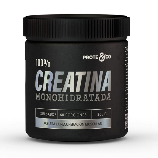 Envase de Creatina Monohidrato Micronizada 100% vegana de Prote&Co. Suplemento deportivo Clean Label de máxima pureza 300g