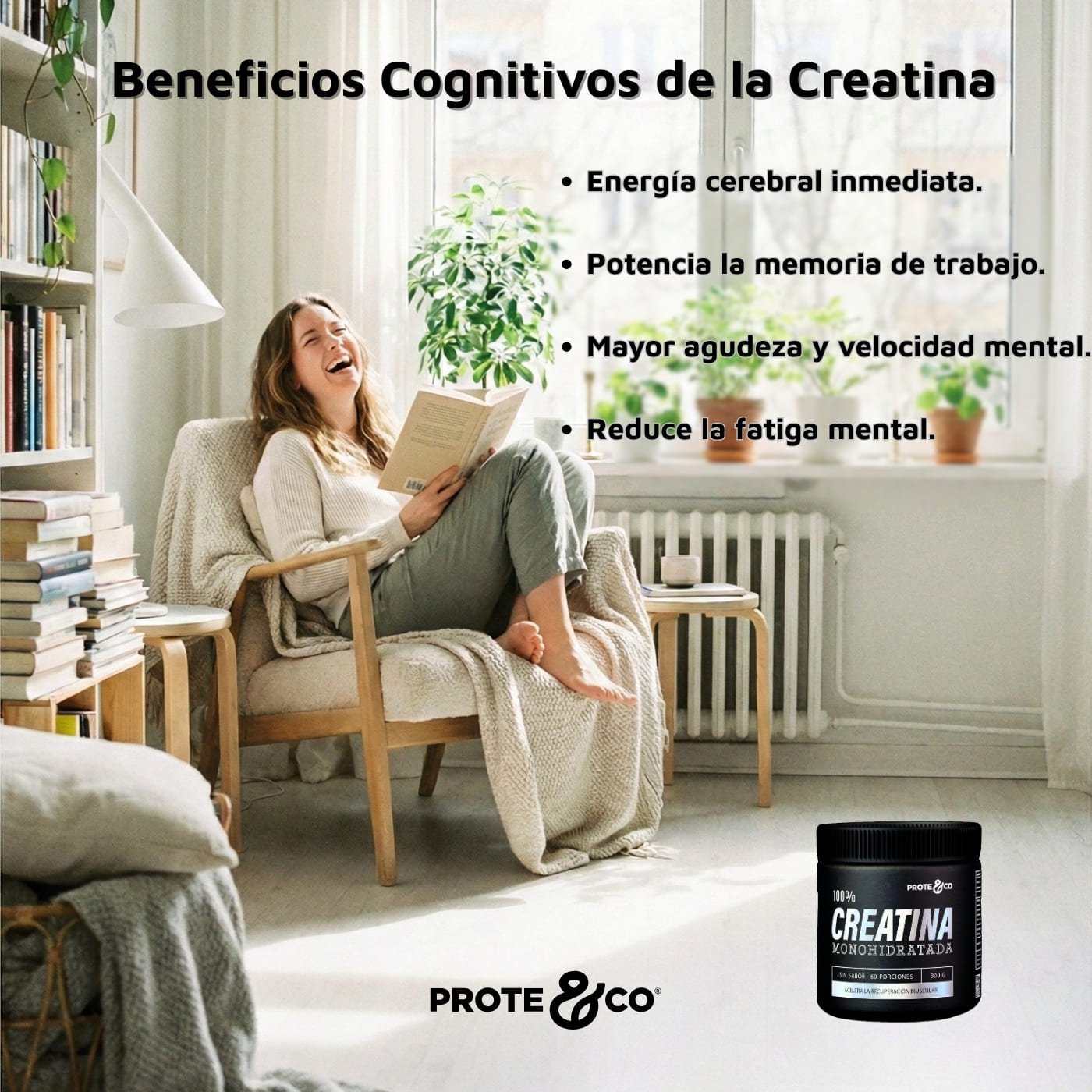 Mujer activa consumiendo creatina pura Prote&Co. Suplemento seguro para tonificar y mejorar el enfoque mental sin subir de peso.