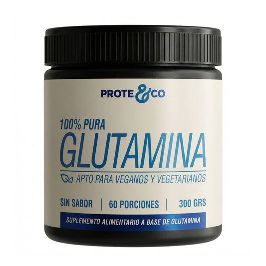 Glutamina en polvo 300 g sin sabor Prote&Co para recuperación muscular y salud intestinal.