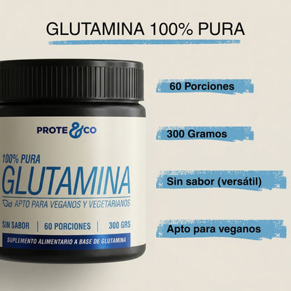 Infografía con las características técnicas de la L-Glutamina Prote&Co: Fórmula 100% pura y vegana, sin saborizantes añadidos. Envase de 300 gramos que rinde 60 porciones exactas.