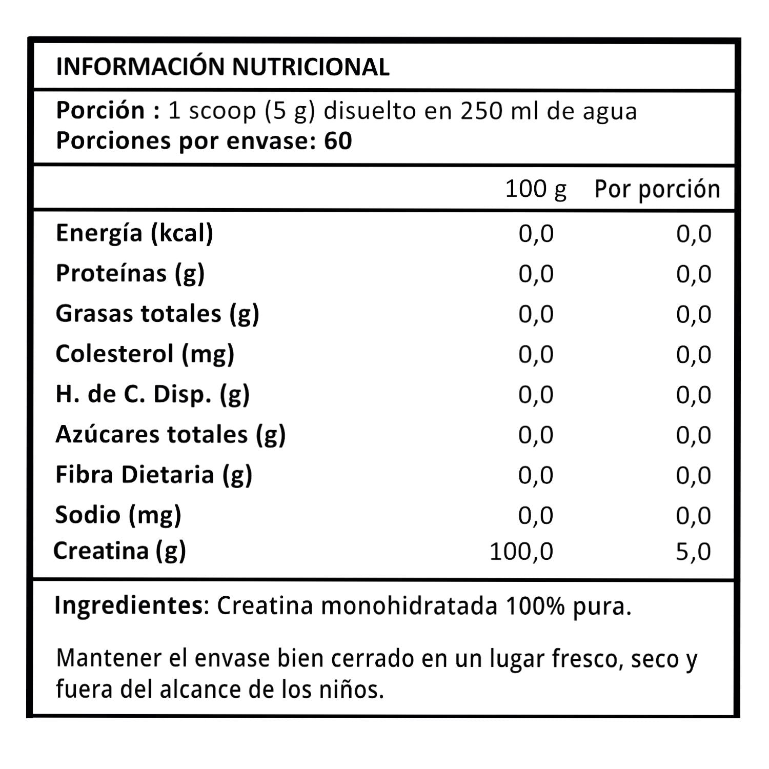Tabla nutricional de la creatina Prote&Co demostrando 0 calorías. Ingredientes naturales sin saborizantes, sin rellenos y libre de aditivos.