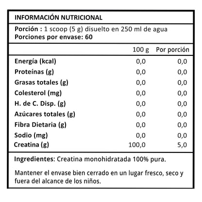 Tabla nutricional de la creatina Prote&Co demostrando 0 calorías. Ingredientes naturales sin saborizantes, sin rellenos y libre de aditivos.