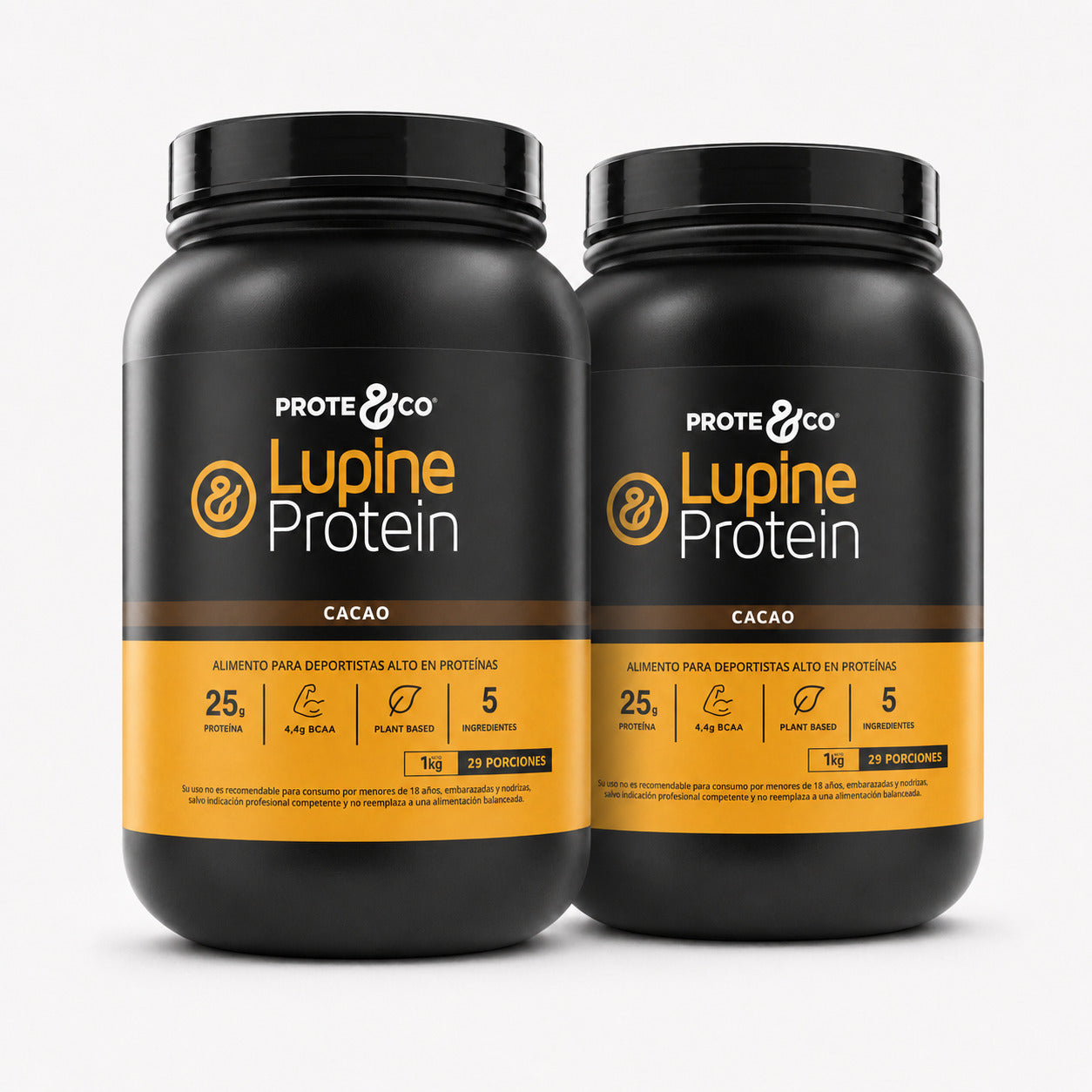 Pack de 2 proteínas veganas Lupine Protein sabor cacao 1 kg Prote&Co, proteína vegetal de lupino y arveja sin lactosa y sin sucralosa.