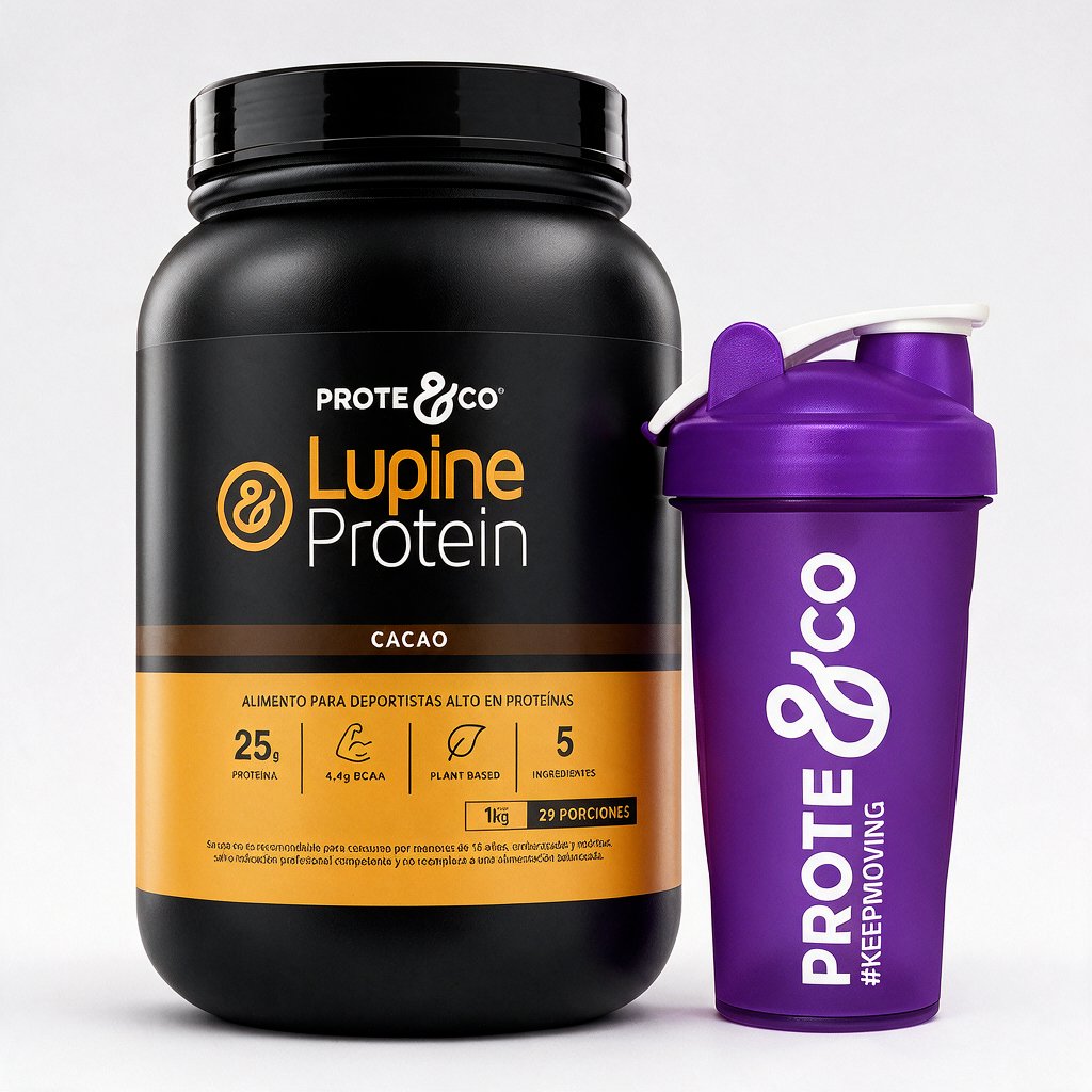 Cacao / Morado - Pack Lupine Protein + Shaker Prote&Co, proteína vegetal de lupino y arveja sabor cacao con shaker color morado