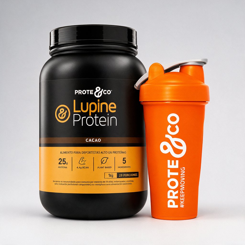 Cacao / Naranja - Pack Lupine Protein + Shaker Prote&Co, proteína vegetal de lupino y arveja sabor cacao con shaker color naranja