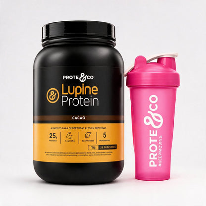 Cacao / Rosado - Pack Lupine Protein + Shaker Prote&Co, proteína vegetal de lupino y arveja sabor cacao con shaker color rosado