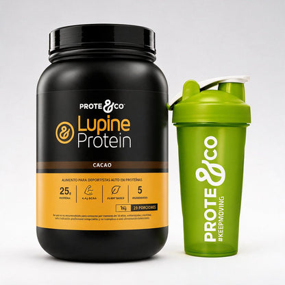 Cacao / Verde - Pack Lupine Protein + Shaker Prote&Co, proteína vegetal de lupino y arveja sabor cacao con shaker color verde