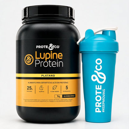 Plátano / Celeste - Pack Lupine Protein + Shaker Prote&Co, proteína vegetal de lupino y arveja sabor plátano con shaker color celeste