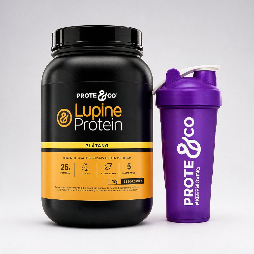 Plátano / Morado - Pack Lupine Protein + Shaker Prote&Co, proteína vegetal de lupino y arveja sabor plátano con shaker color morado