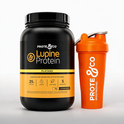 Plátano / Naranja - Pack Lupine Protein + Shaker Prote&Co, proteína vegetal de lupino y arveja sabor plátano con shaker color naranja