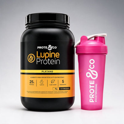 Plátano / Rosado - Pack Lupine Protein + Shaker Prote&Co, proteína vegetal de lupino y arveja sabor plátano con shaker color rosado