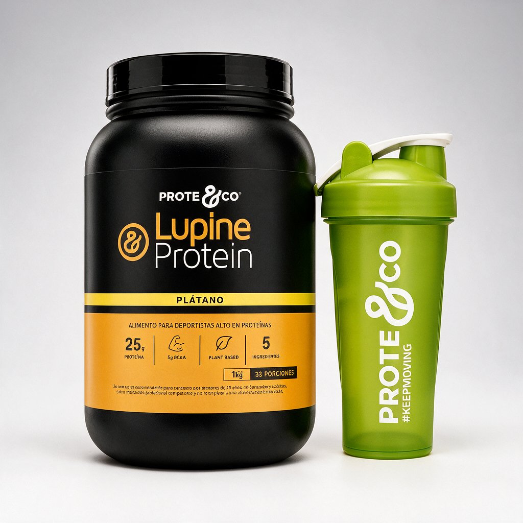 Plátano / Verde - Pack Lupine Protein + Shaker Prote&Co, proteína vegetal de lupino y arveja sabor plátano con shaker color verde