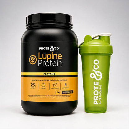 Plátano / Verde - Pack Lupine Protein + Shaker Prote&Co, proteína vegetal de lupino y arveja sabor plátano con shaker color verde