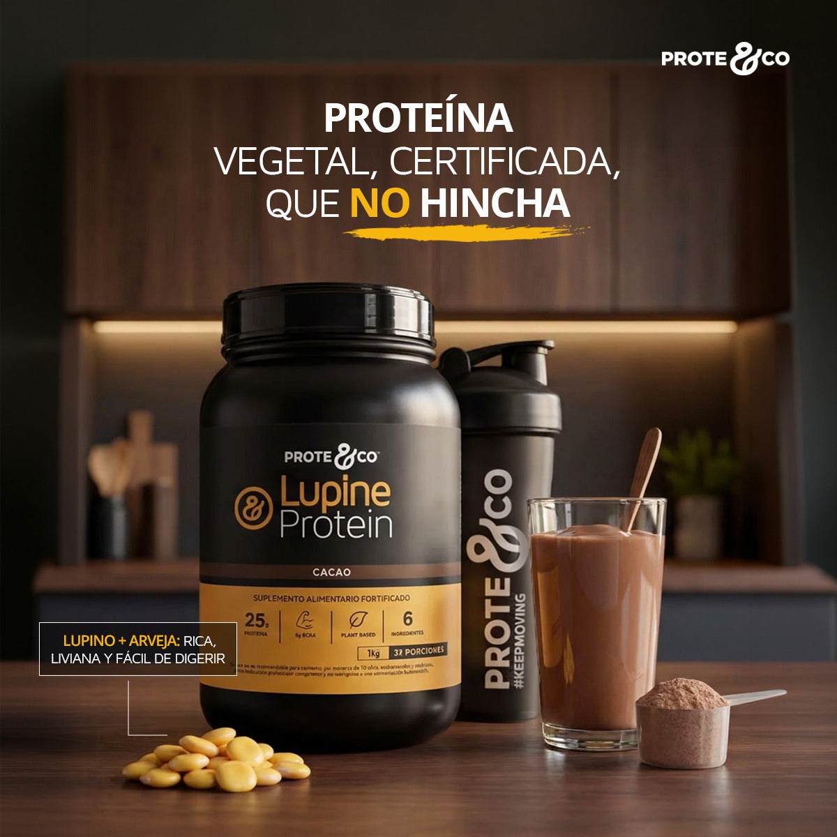 Proteína vegetal que no hincha y está certificada marca Prote&Co sabor cacao y plátano