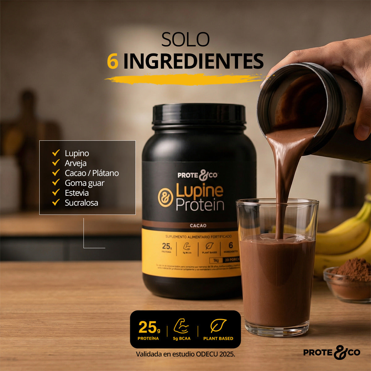 Infografía donde muestra los pocos ingredientes que contiene la proteína vegetal de Prote&Co sabor cacao y plátano