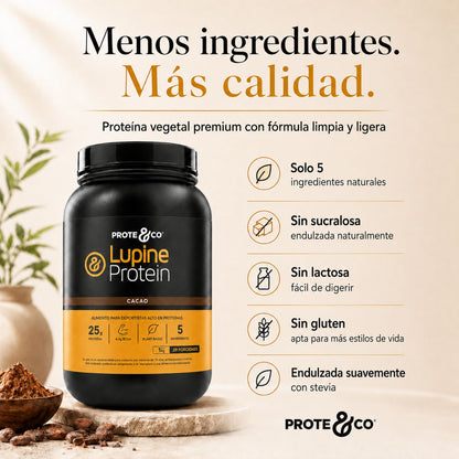 Proteína vegetal clean label con poco ingredientes endulzada con estevia sabor cacao y plátano.