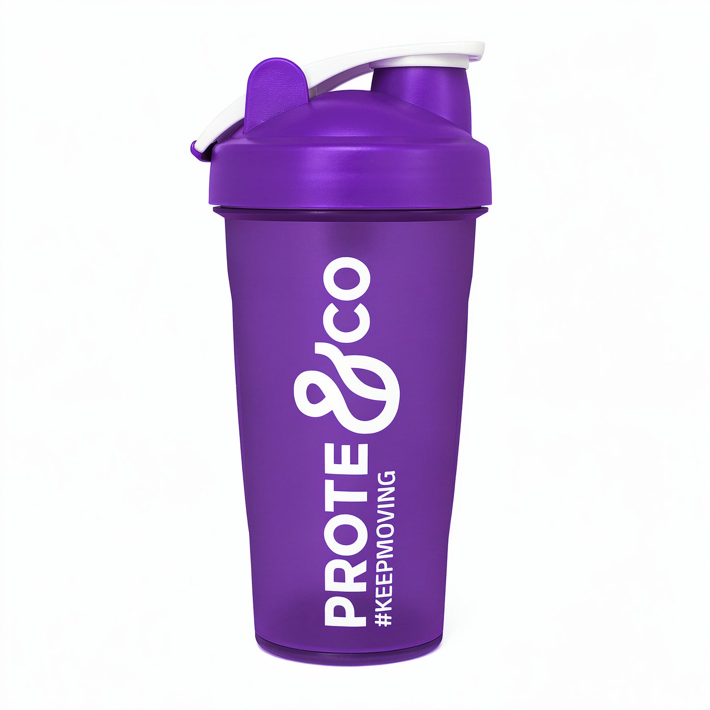 Shaker morado Prote&Co 600ml libre de BPA con mezclador metálico para batidos
