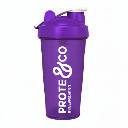 Shaker morado Prote&Co 600ml libre de BPA con mezclador metálico para batidos