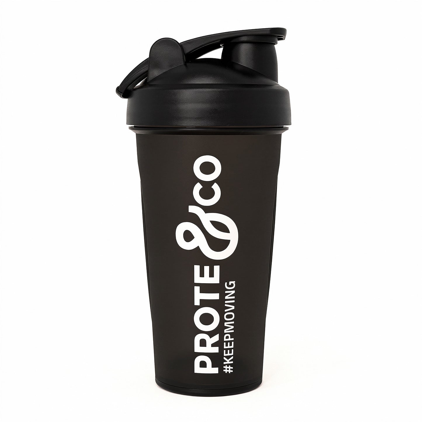 Shaker negro Prote&Co 600ml libre de BPA con mezclador metálico para batidos