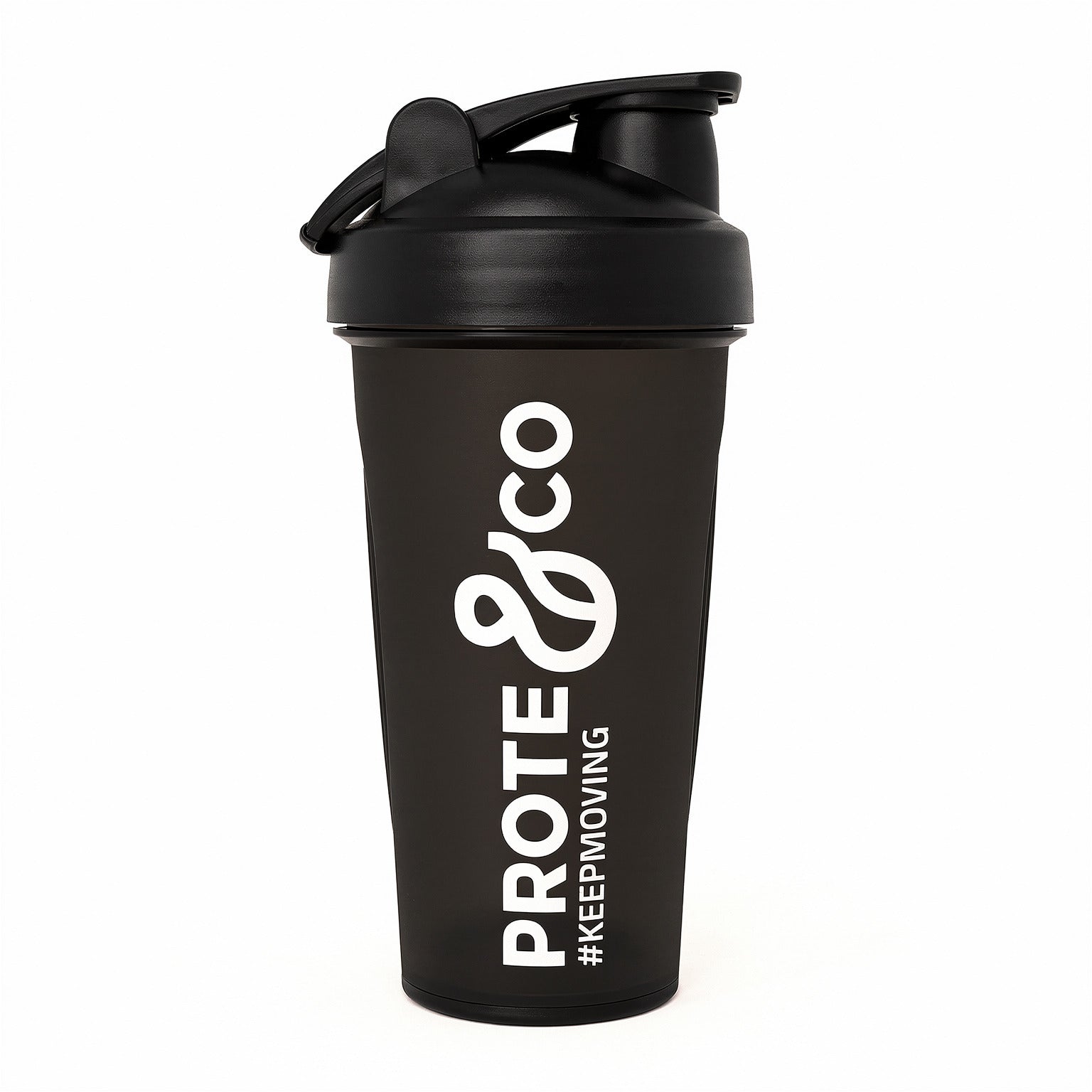 Shaker negro Prote&Co 600ml libre de BPA con mezclador metálico para batidos