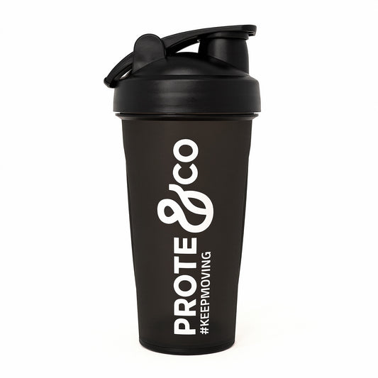 Shaker negro Prote&Co 600ml libre de BPA con mezclador metálico para batidos