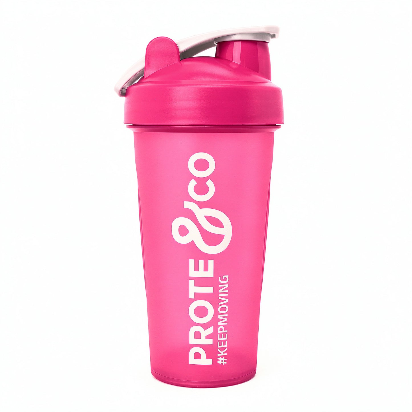 Shaker rosado Prote&Co 600ml libre de BPA con mezclador metálico para batidos