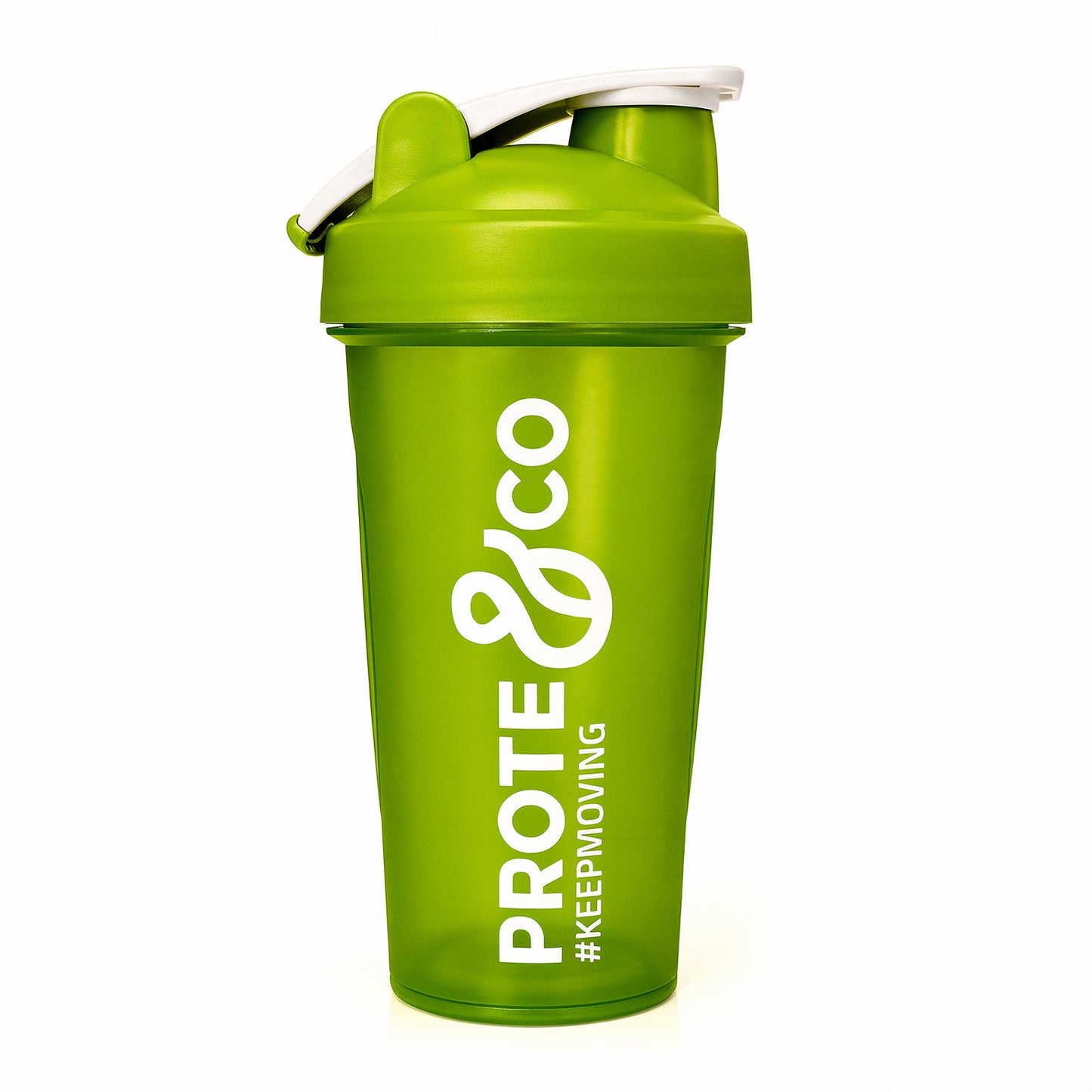 Shaker verde Prote&Co 600ml libre de BPA con mezclador metálico para batidos