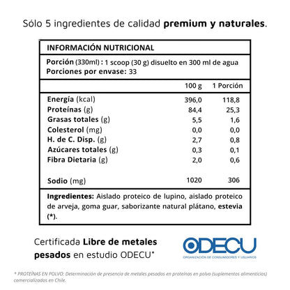 Tabla nutricional de proteína vegetal libre de metales pesados lupine protein sabor plátano.